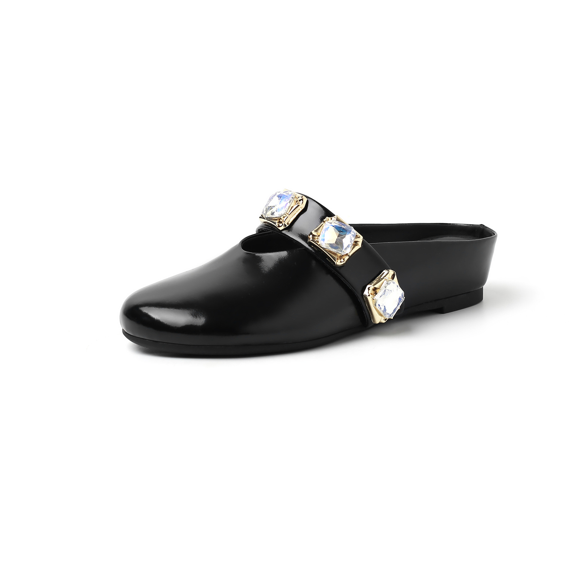 Dép mule nữ bít mũi đính đá rhinestone, gót dốc tăng chiều cao, phong cách ins — Màu đen, Màu vàng, Màu bạc chi tiết 12