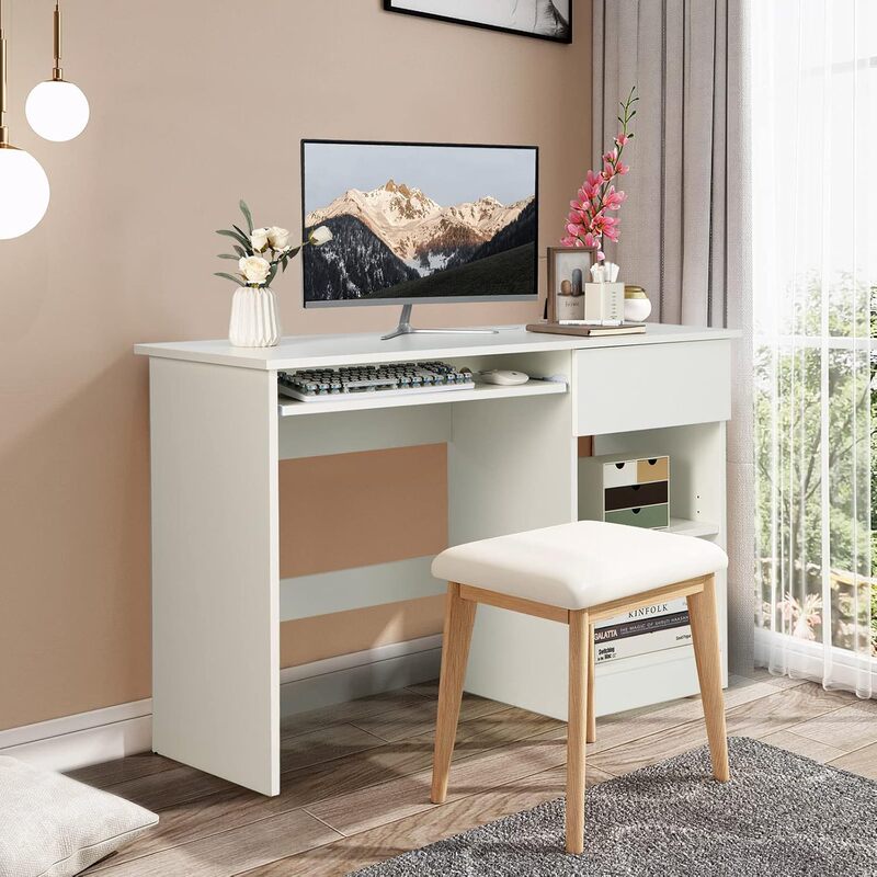 White Desk with a Pull-Out Keyboard Tray and Adjustable Storage Shelves, Wooden Computer Desk
