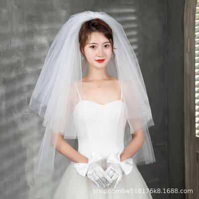 時尚噴金細閃亮片粉多層蓬蓬紗造型硬紗婚禮派對拍照新娘頭紗遮面