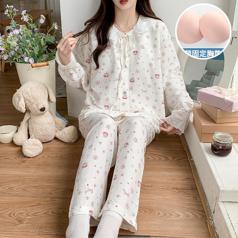 Al por mayor transfronterizo nuevo cardigan de algodón nublado princesa correa de viento cojín de pecho cardigan dulce pantalones de manga larga pijamas ropa doméstica de mujer