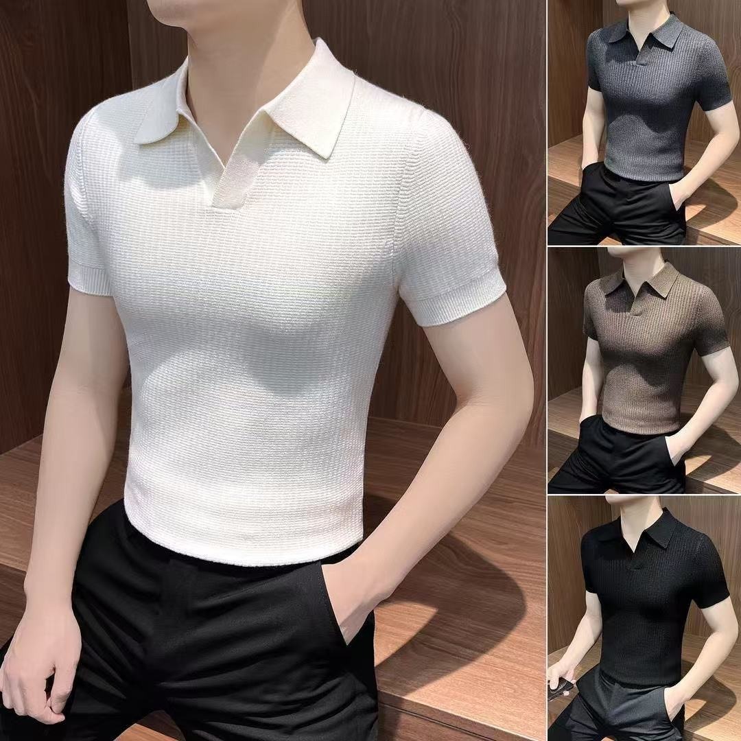 Factory Direct Sales Korean Style Polo Shirt New Summer Half-Sleeved Handsome High-Bottom Shirt Knitted Short-Sleeved Men's T-Shirt