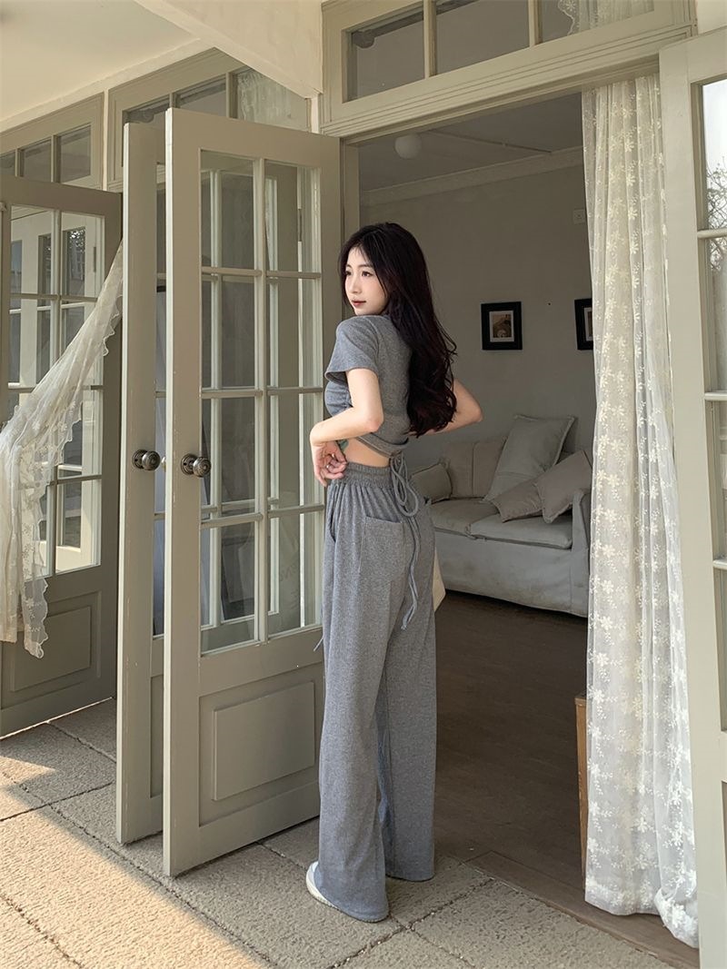 Women's Clothing Style Women's Two Piece Set Casual Gray Summer Top And Wide Leg Trousers Drawstring Tie Short Sleeved Outfit_ecoleips.com