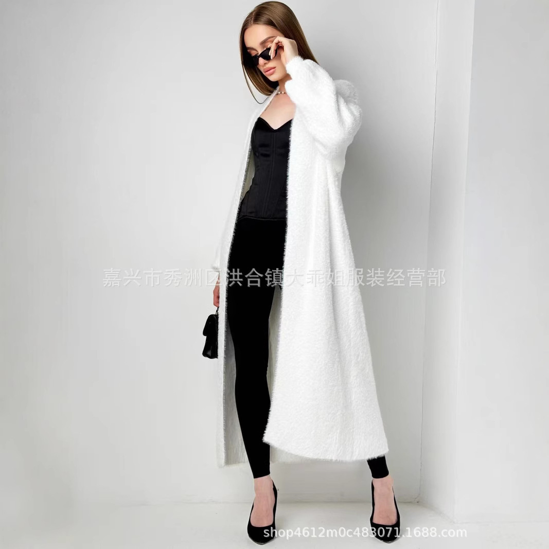水貂绒白色针织长款外套女秋冬2025新款毛绒绒宽松蓬松开襟衫大衣