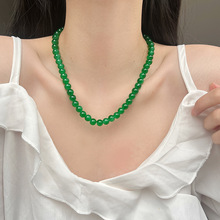 2024新款绿色串珠项链新中式女士元宝扣锁骨链出行气质小众颈链