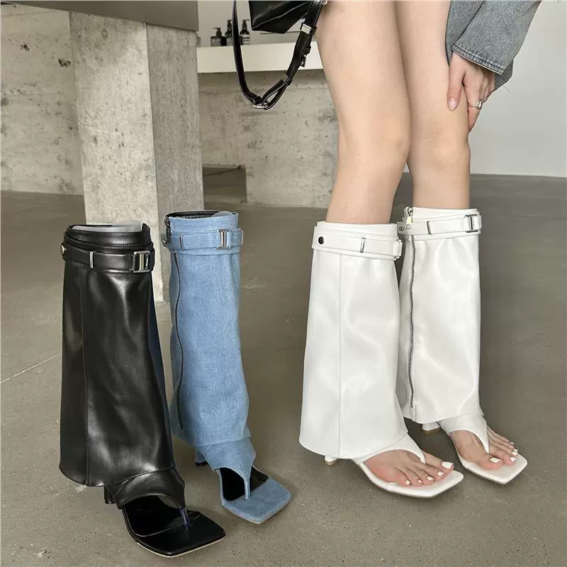 Шлепанцы с квадратным носком 2023 весна-лето Новые Западные Ковбойские Сапоги Горячие женские брюки длинные сапоги сандалии женские сандалии