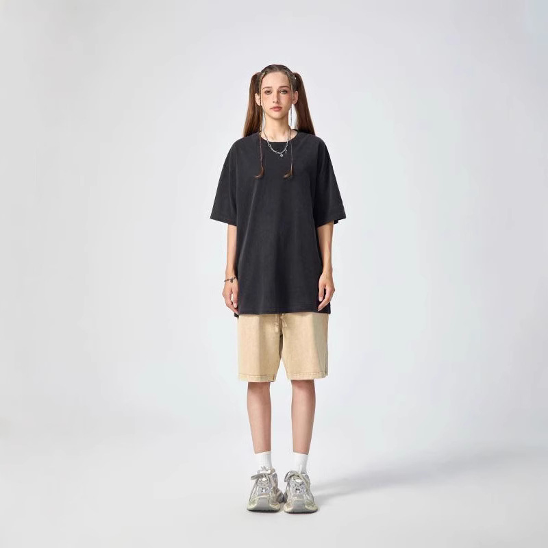 Camiseta de manga corta de algodón pesado vieja lavada retro americana para hombres y mujeres sueltos de gran tamaño versión europea de la marca de moda oversize