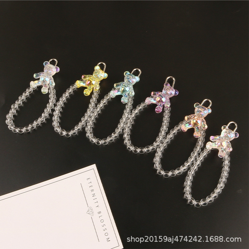New Crystal Beaded Bracelet with Cute Sitting Bear Car Keychain, Dreamy Girly Bear Chain Hand Accessory