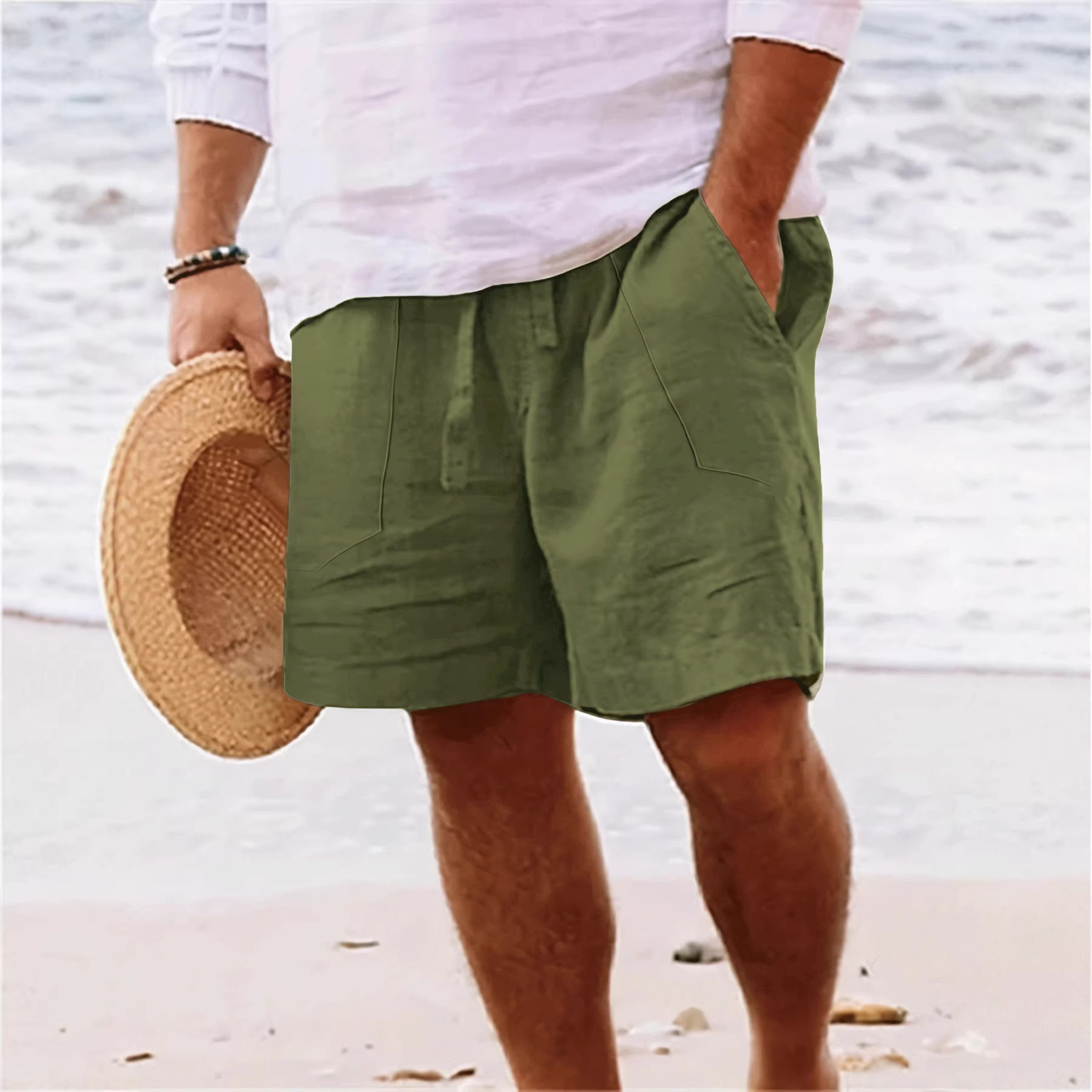 2023 Amazon Summer Men's Solid Color Five-Point Casual Shorts Drawstring Breathable Beach Pants Cotton and Linen Sports Shorts
