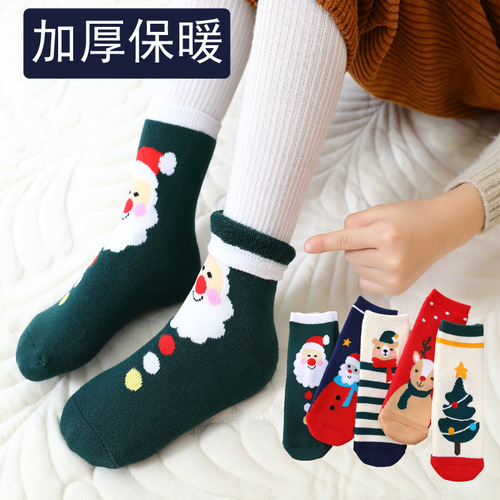Cross-border children's Christmas thick ribbed socks winter for both boys and girls red holiday cartoon warm towel new year socks