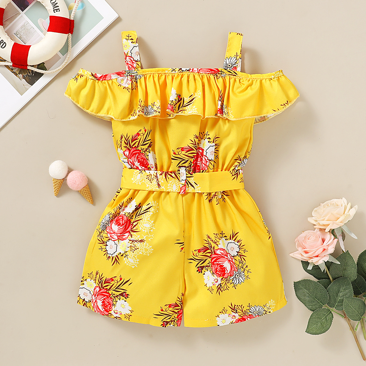 Cute Fashion Children's Clothing Girl Floral One-shoulder Sling Jumpsuits display picture 2