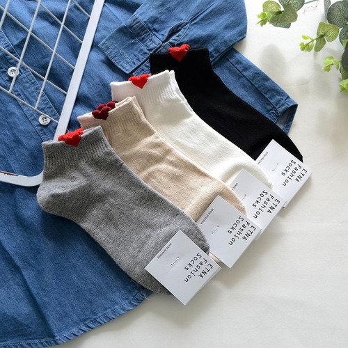 0Korean Socks College Style Sweet Solid Color Love Heart Women Short Cotton Socks Summer New Casual Socks