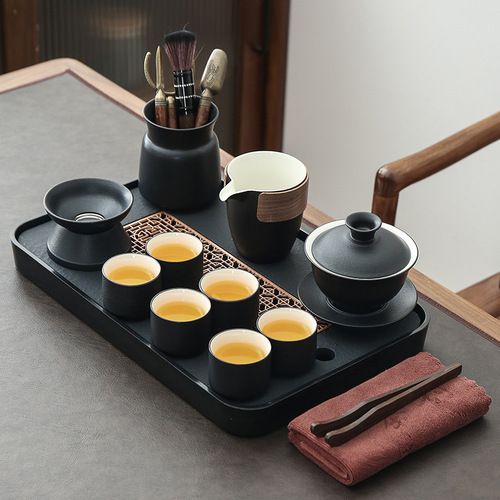 Black pottery Kung Fu tea set home living room ceramic tea set Zen style teapot tea cup office gift box gift