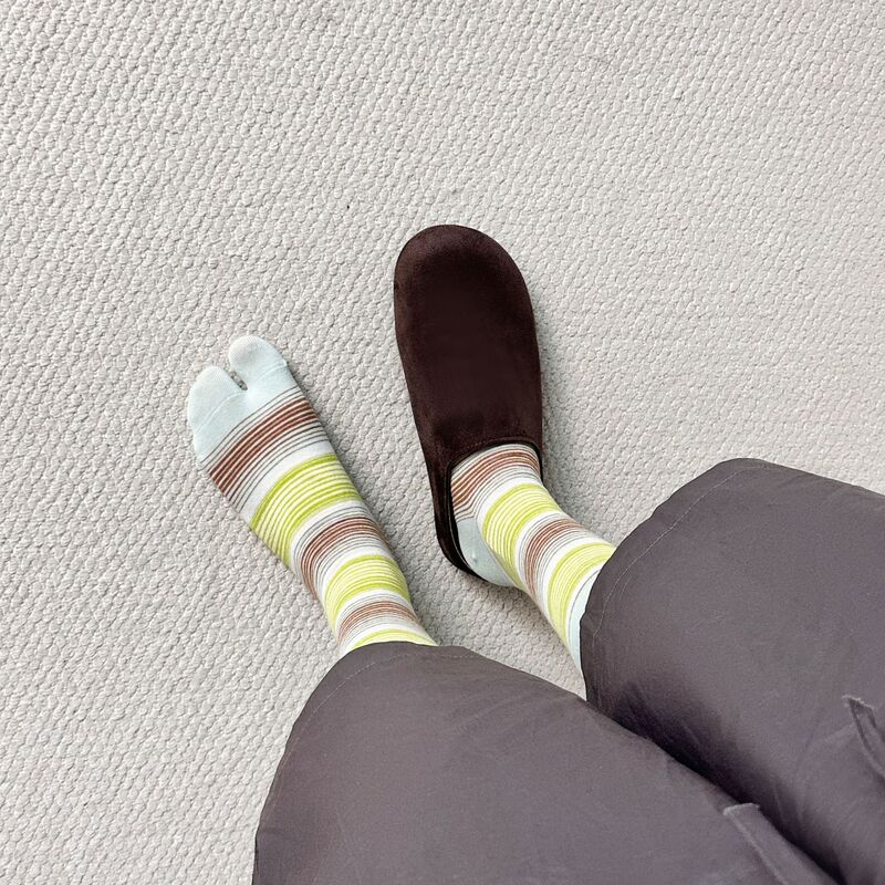 Colorful dopamine striped split-toe socks for women, Japanese style, color-blocking, breathable, sweat-absorbent, mid-calf socks, seamless two-toe socks