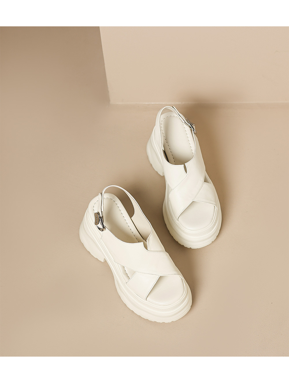 Sandal nữ da bò cao gót 12cm đế xuồng tăng chiều cao mùa hè — màu đen, màu trắng ngà chi tiết 15