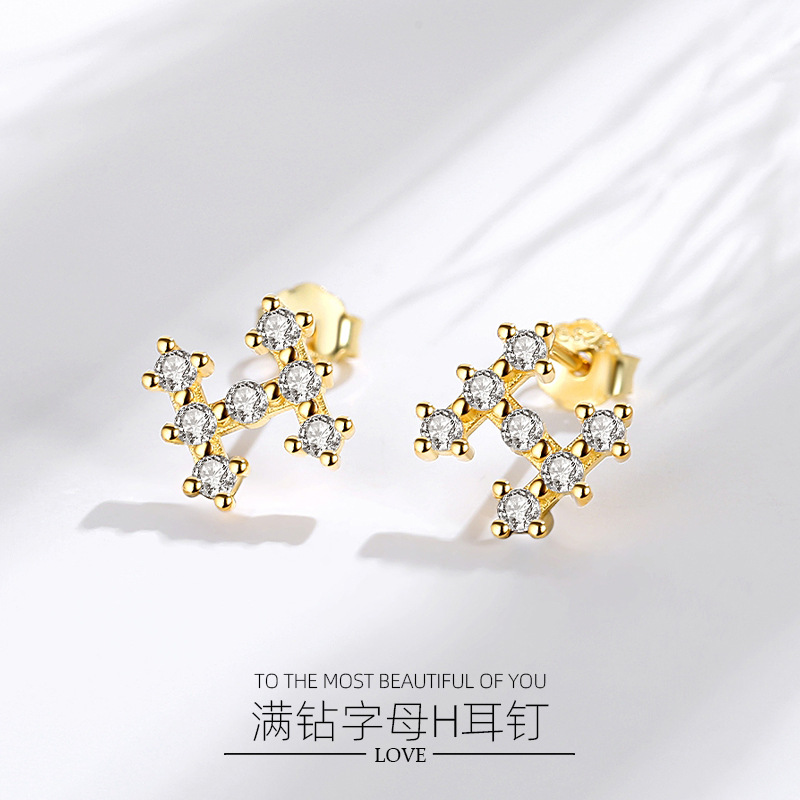 Pendientes de plata esterlina letra H pendientes de diamantes llenos 925 al por mayor de Europa y América del oído hueso Stud letras ins estilo Stud pendientes aguja de plata