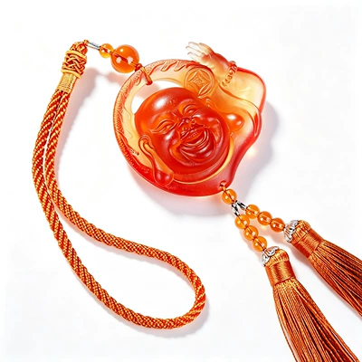 Car hanging rearview mirror pendant car jewelry - glazed-three-dimensional-buddha-earthy-yellow-tassel