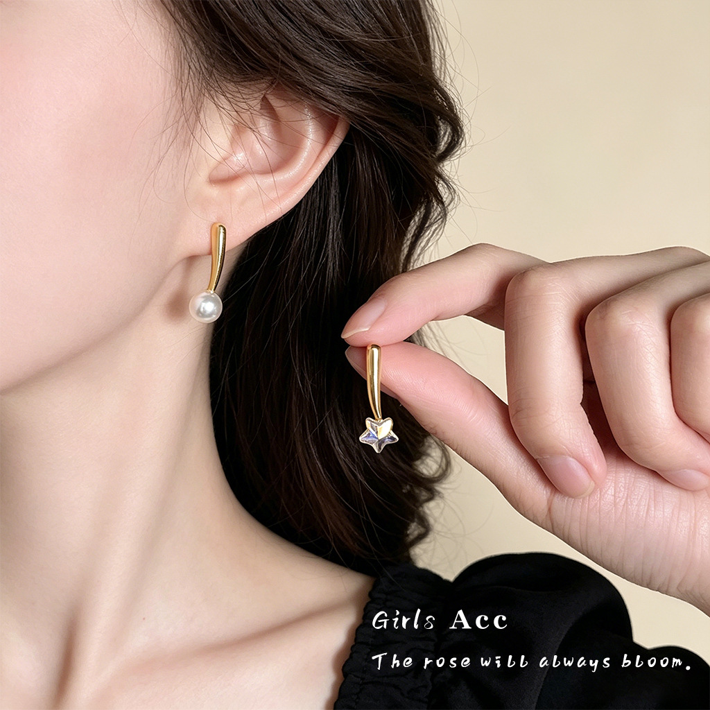 Pendientes de perlas asimétricos de estilo francés para mujer, estilo coreano sencillo y elegante, pendientes de estrella para ir al trabajo, venta al por mayor
