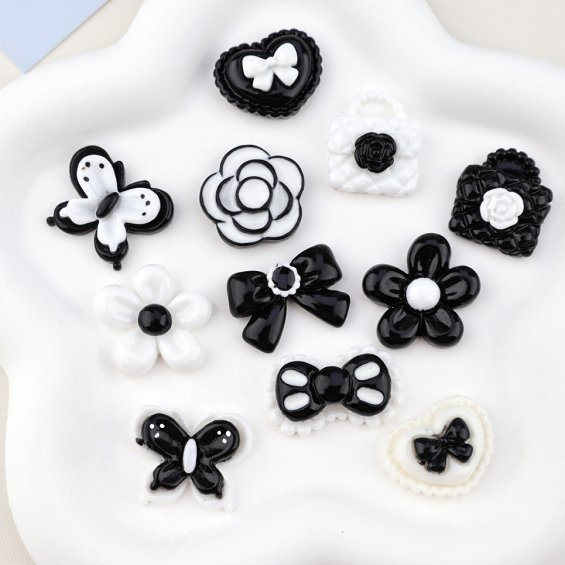 Xiaoxiangfeng 黒と白の樹脂ガジェットフラワーラブリボン DIY 手作りヘアピンヘッドロープジュエリーパッチ|undefined