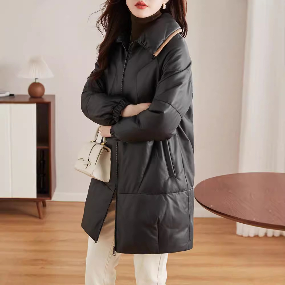 海宁真皮皮衣女羽绒服2024冬新款时尚大码宽松绵羊皮中长加厚外套