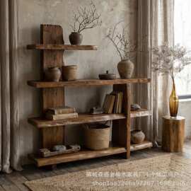 新中式客厅博古架榆木茶具收纳架古董展示架酒店复古隔断木架