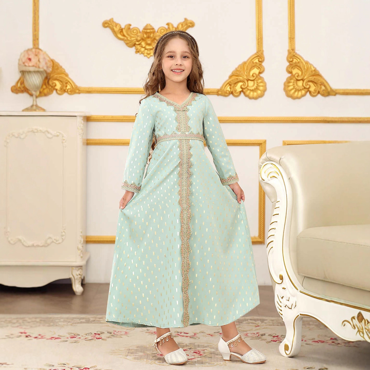 Dubai Mädchen Langarm Kleid Mit Druck Middle Eastern Style_voghion.com