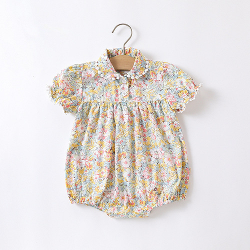 2024 summer baby fashionable girls floral princess bag fart clothes baby sweet crawling clothes baby short-sleeved suit