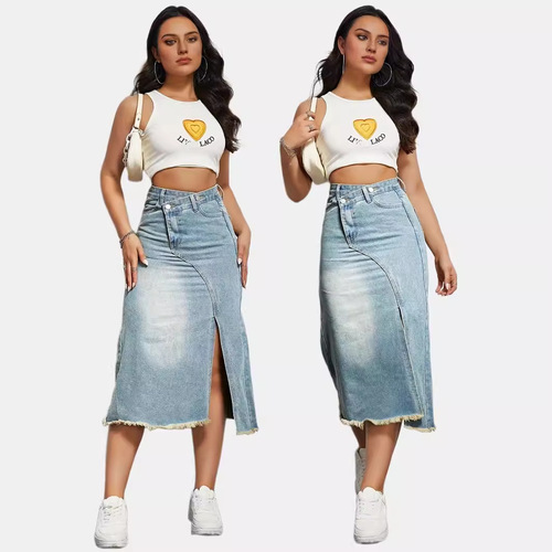 Summer New Deconstructed Slit High-Waist Denim Half-Shift Cotton High-Waist Slimming Design Women's Skirt