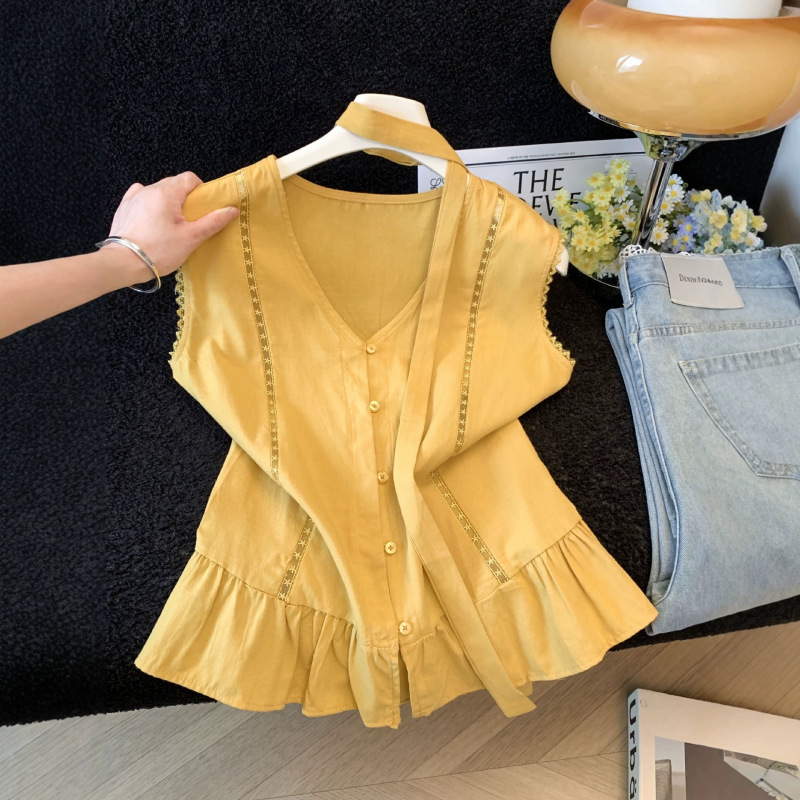 Korean-Style Sweet V-Neck Sleeveless Shirt with Ribbons for Women, 2026 Summer New Lace-Up Fresh and Youthful Blouse