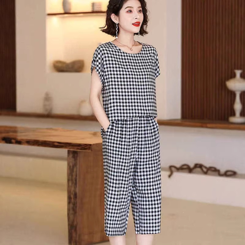 Cotton Silk Suit for Women, Summer, Middle-Aged and Elderly, Plus Size, Fashionable Casual Two-Piece Set for Moms, Stylish Top and Pants