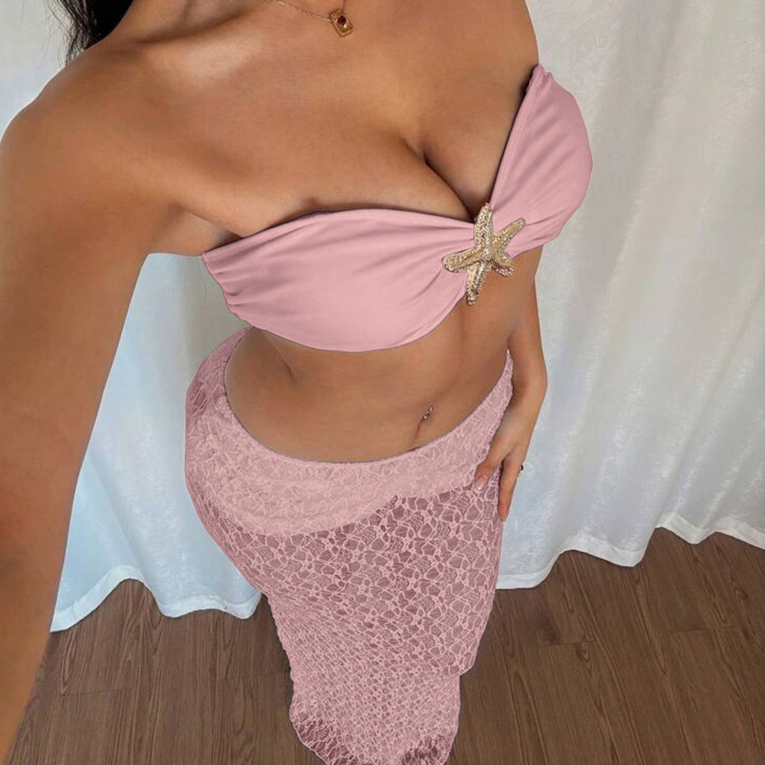 Completo due pezzi donna con top in pizzo senza spalline gonna lunga_voghion.com
