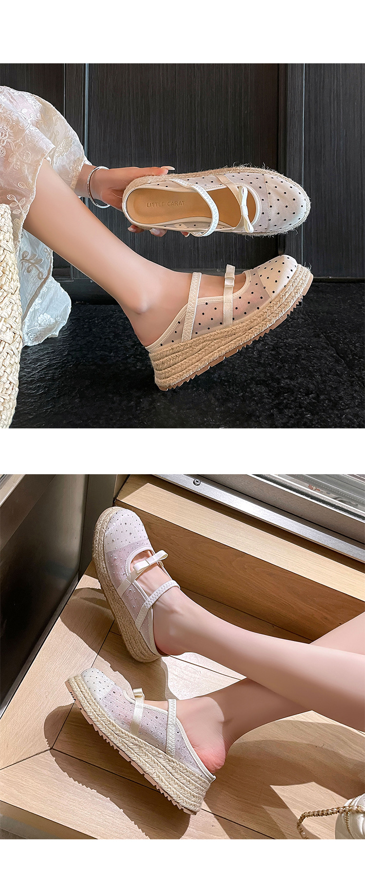 Xăng đan gót xuồng dệt đế dày 5cm bít mũi lưới phong cách nghỉ dưỡng — Lưới kim cương nóng, Lưới chấm bi, Lưới chi tiết 15