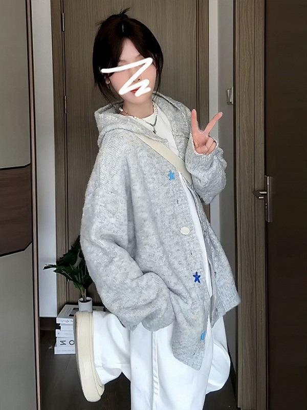 韩系慵懒风连帽毛衣开衫外套女秋冬季2025新款高级感宽松针织上衣|undefined