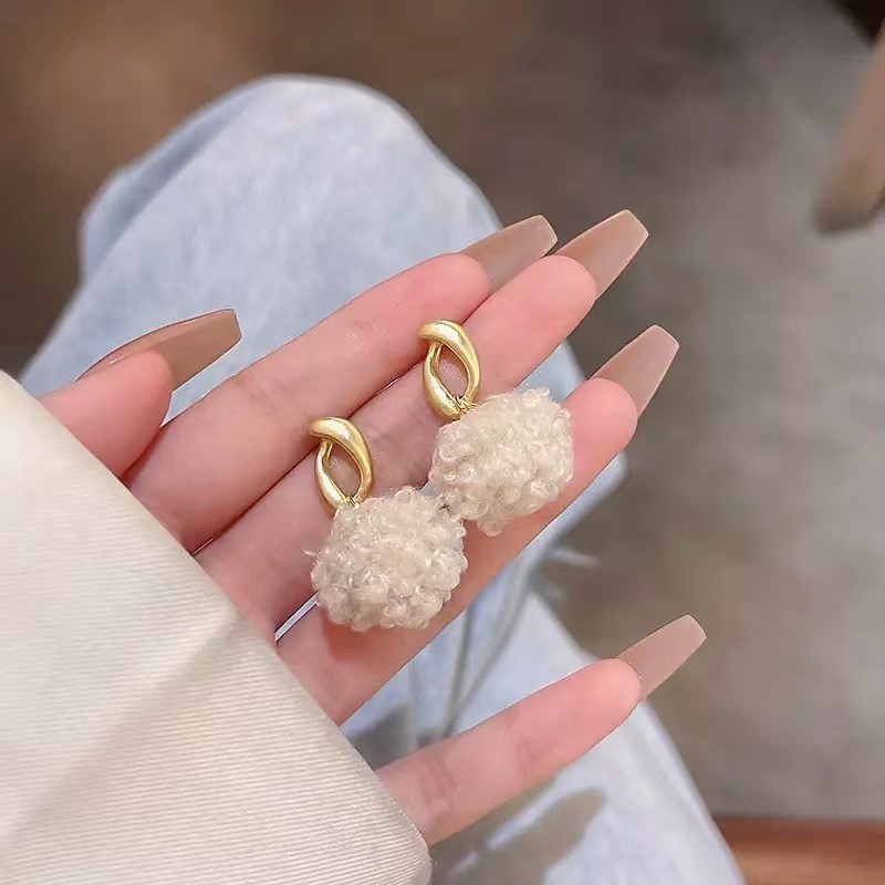 Korean fashion lamb wool plush ball earrings new niche geometric all match silver needle earrings trend_voghion.com