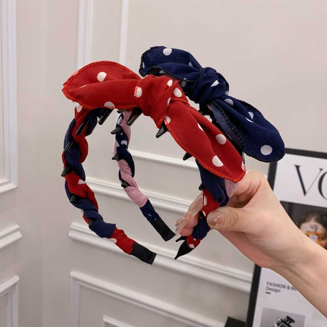 One red polka dot + one navy blue polka dot contrasting rabbit ear comb headband