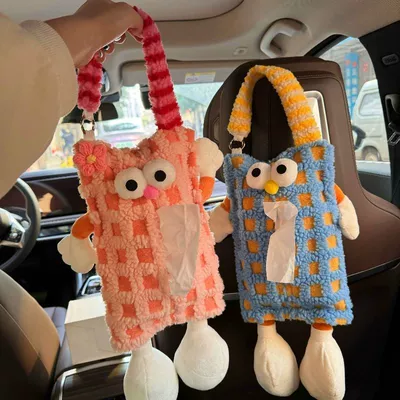 Car-Mounted Tissue Box Hanging Cartoon Monster Car Seat Back Tissue Hanging Bag Car Tissue Box Car Interior Decoration Supplies (Car tissue box/set) - no-specifications-pink-plaid-blue-plaid