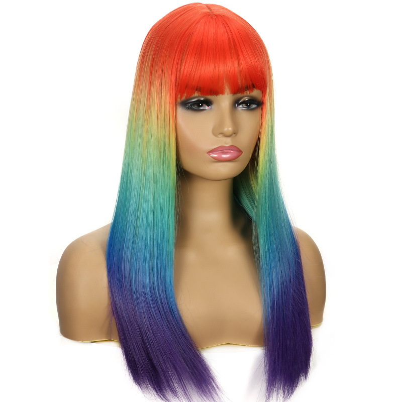 Peluca femenina transfronteriza nueva peluca europea y americana femenina Wig multicolor Qi flequillo de pelo largo y liso fabricante de sombreros de fibra química