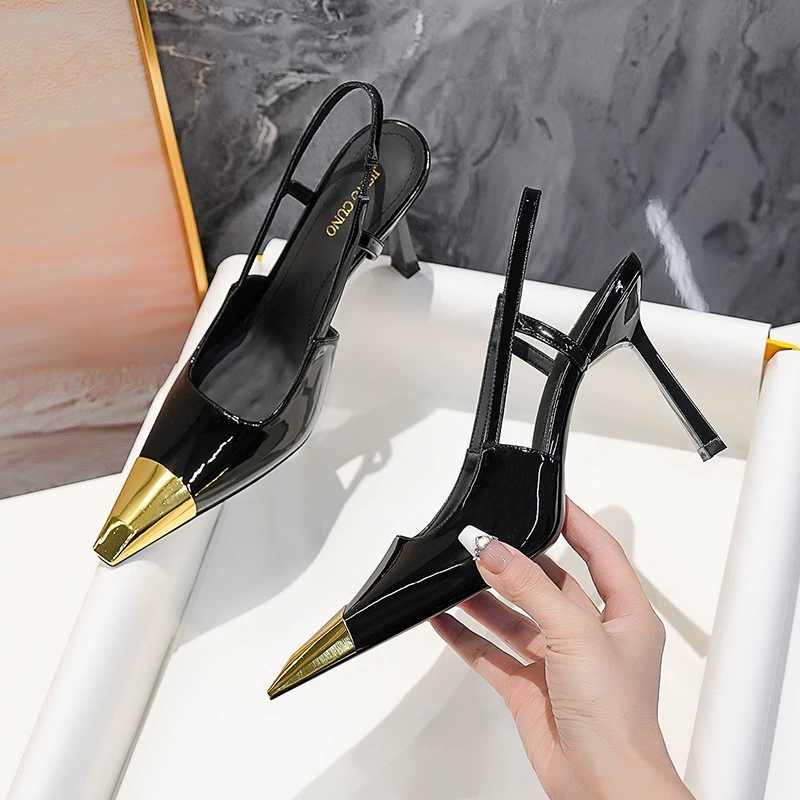 Баотоу сандалии женские весной 2025 новый сексуальный леопардовый принт французский металлическая голова после пустых каблуков на высоком уровне