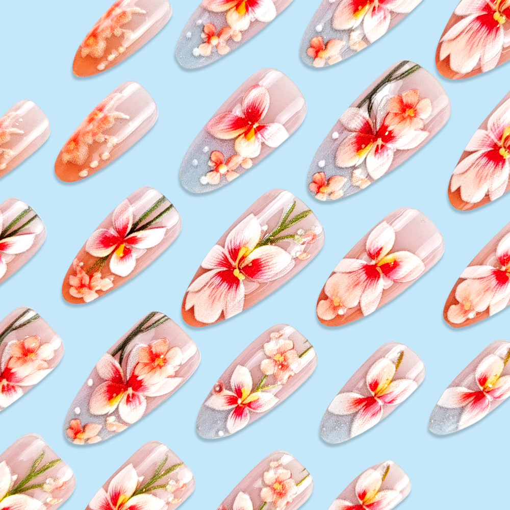Flores hermosas desgaste de uñas parches de uñas falsas rosadas permeables al hielo sensación de alta calidad venta caliente transfronteriza de manicuría de gradiente