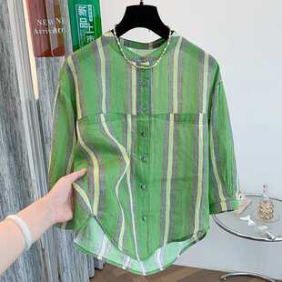 Real Shot of Ramie Shirt Women's 2025 Summer New Green Stripesd Round Neck Mid-Sleeve Loose Top