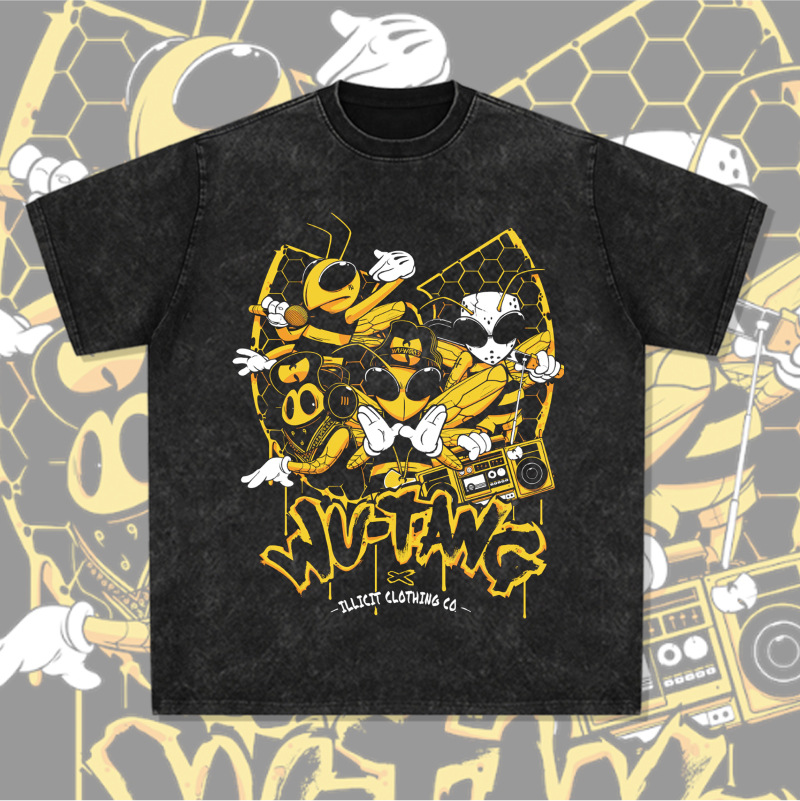 T-shirt a maniche corte americana stampata Wu tang Top ampio in puro cotone lavato e consumato con base_voghion.com