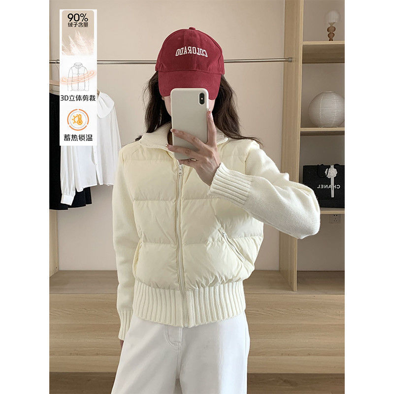 韩系针织拼接羽绒服女2025秋冬新款小个子短款90白鸭绒马甲薄外套|undefined