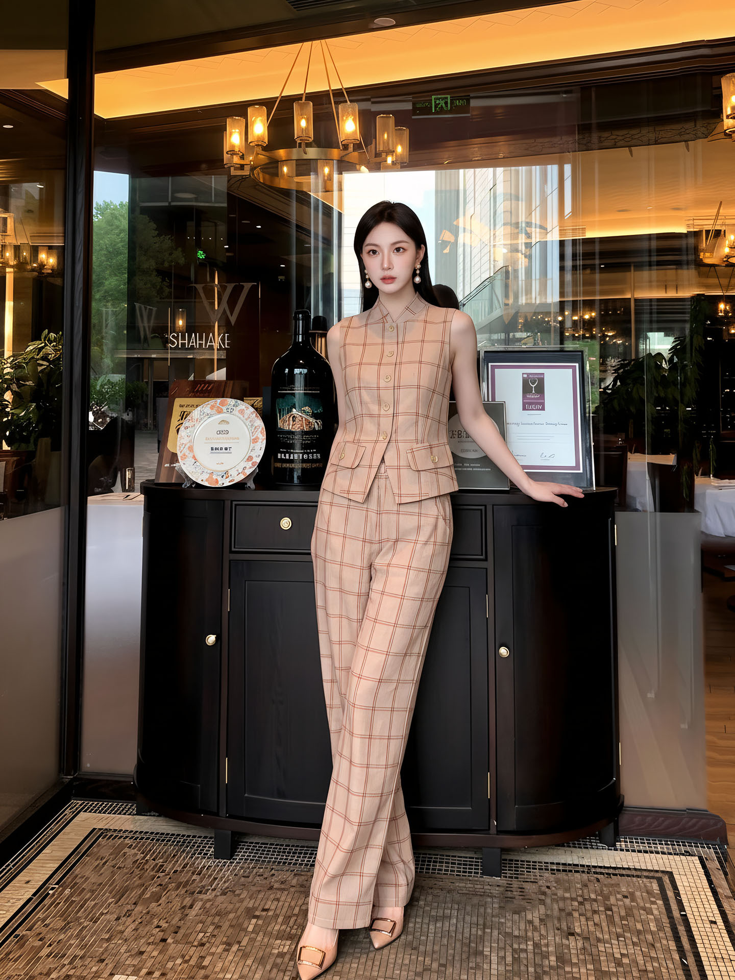 Bộ áo gile + quần dài nữ họa tiết kẻ caro thiết kế cổ điển, cài khuy vải, phối quần ống rộng — bộ đồ, Trang chủ, Quần dài