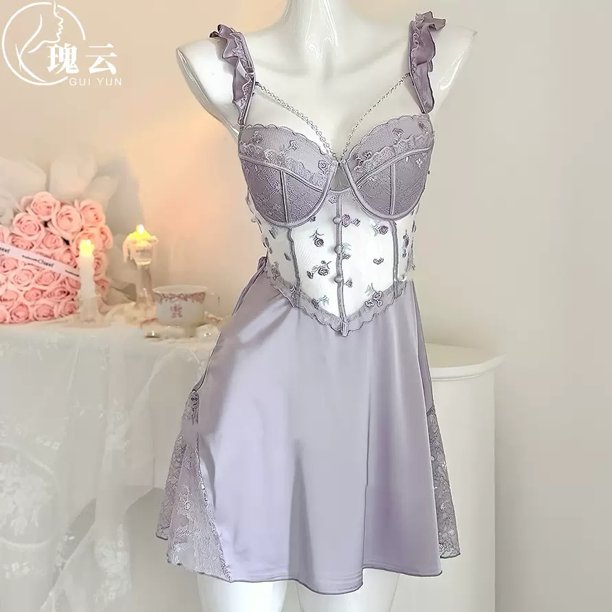 瑰云性感性感蕾丝甜美睡衣加胸垫缎面吊带睡裙家居服套装深V法式