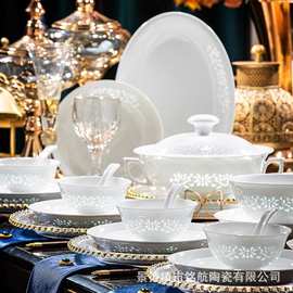 碗碟套装景德镇白瓷玲珑釉下彩餐具家用中式轻奢碗盘碟勺乔迁礼品