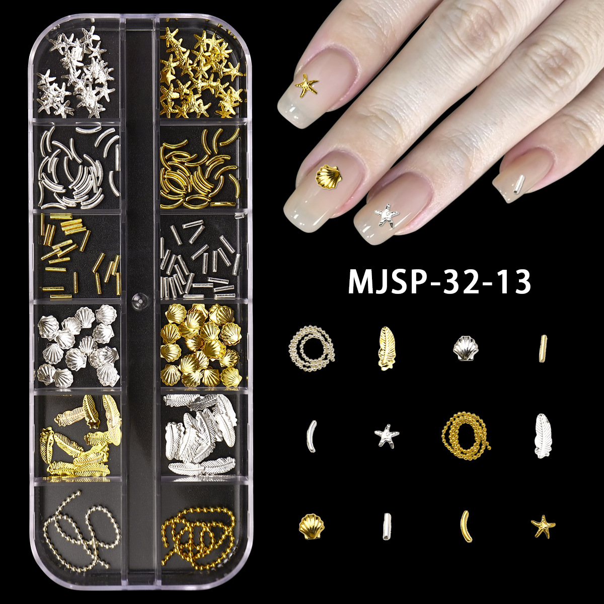 Accesorios de uñas 12 rejilla caja grande remache de uñas material de metal lentejuelas mezclar y combinar DIY especial en forma de parche de uñas Decoración