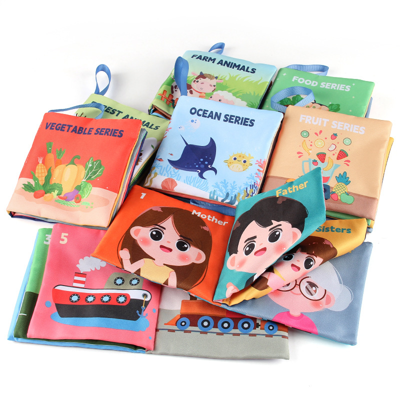 Libro de tela tridimensional para bebés juguetes de Educación Temprana de 4 lados de 8 páginas personaje de comida cognición animal libro de tela para bebés libro De Palma inglesa