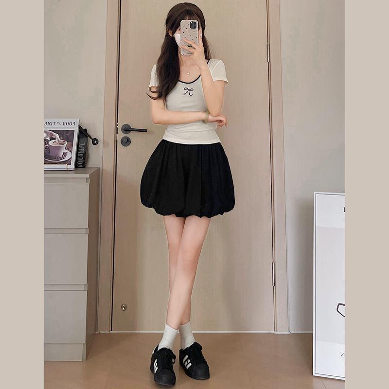 ウエストゴムふわふわ花のつぼみスカート女性のファッショナブルな年齢軽減ハイウエストスリム甘い和風黒ショートパンツ|undefined