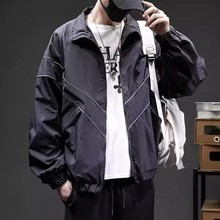 美式休闲潮牌纯色反光运动外套男春秋简约宽松冲锋衣百搭情侣夹克
