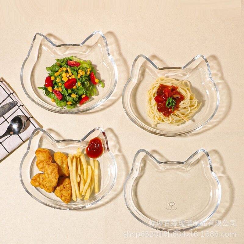 Cat-Shaped Transparent Glass Plate for Portion Control, Creative Cartoon Cute Dumpling Plate, Jewelry Store Celebration Gift