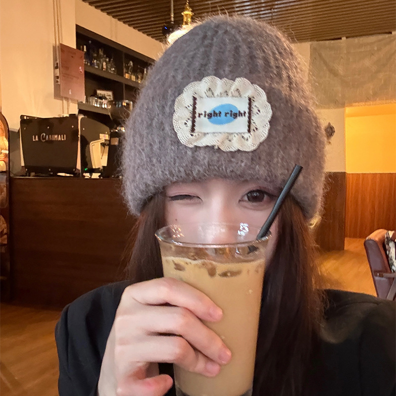 韩系简约甜美蕾丝花边布标针织帽秋冬百搭加厚毛线帽防风保暖帽子|undefined